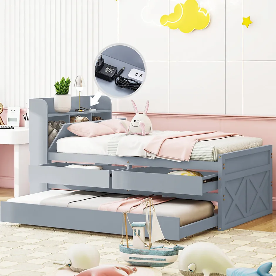 Redom Lit simple 90x190 cm en pin massif avec sommier tiroir table de chevet étagères port USB gris