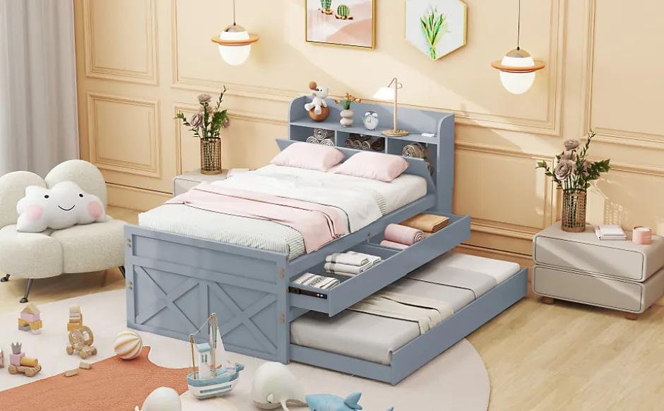 Redom Lit simple 90x190 cm en pin massif avec sommier tiroir table de chevet étagères port USB gris