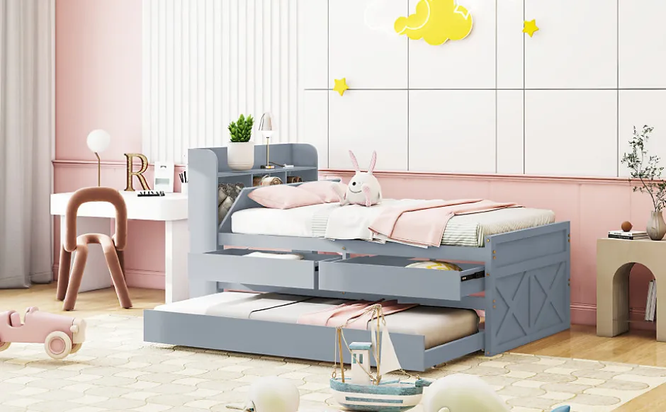 Redom Lit simple 90x190 cm en pin massif avec sommier tiroir table de chevet étagères port USB gris