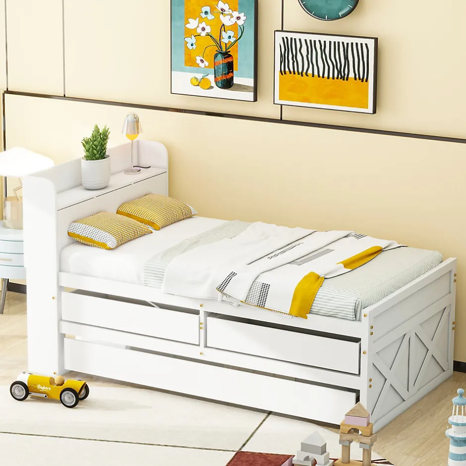 ProximaX Lit simple 90x190 cm en pin massif blanc avec tiroir coulissant, sommier et table de chevet USB, Lit multifonction ado/invité