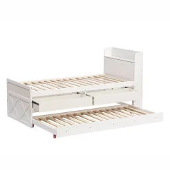 ProximaX Lit simple 90x190 cm en pin massif blanc avec tiroir coulissant, sommier et table de chevet USB, Lit multifonction ado/invité