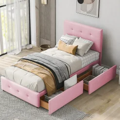 ProximaX Lit simple 90x200 cm en velours beige avec sommier et 2 tiroirs, lit plat pour enfants, adolescents ou invités, rose