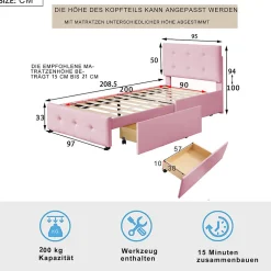 ProximaX Lit simple 90x200 cm en velours beige avec sommier et 2 tiroirs, lit plat pour enfants, adolescents ou invités, rose