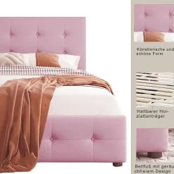 ProximaX Lit simple 90x200 cm en velours beige avec sommier et 2 tiroirs, lit plat pour enfants, adolescents ou invités, rose