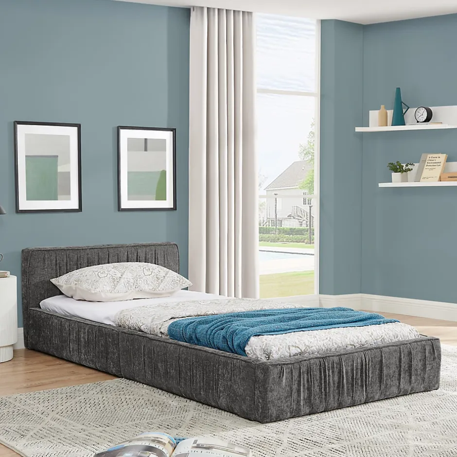 Okwish Lit Simple 90x200 cm enfant Capitonné, Tête de Lit, Structure Bois d'Eucalyptus Métal, Chenille Doux, Gris Foncé, Sans Matelas Hot
