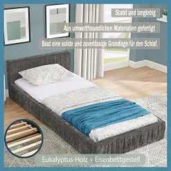 Okwish Lit Simple 90x200 cm enfant Capitonné, Tête de Lit, Structure Bois d'Eucalyptus Métal, Chenille Doux, Gris Foncé, Sans Matelas Hot