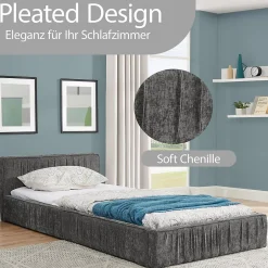 Okwish Lit Simple 90x200 cm enfant Capitonné, Tête de Lit, Structure Bois d'Eucalyptus Métal, Chenille Doux, Gris Foncé, Sans Matelas Hot