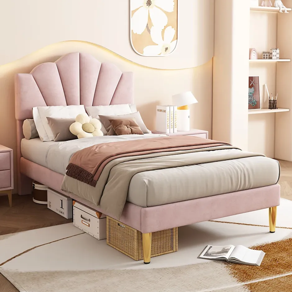Okwish Lit simple 90x200 cm, Lit Capitonné avec Tête de Lit Coquillage Réglable et Pieds Dorés - Rose, Sans Matelas Online