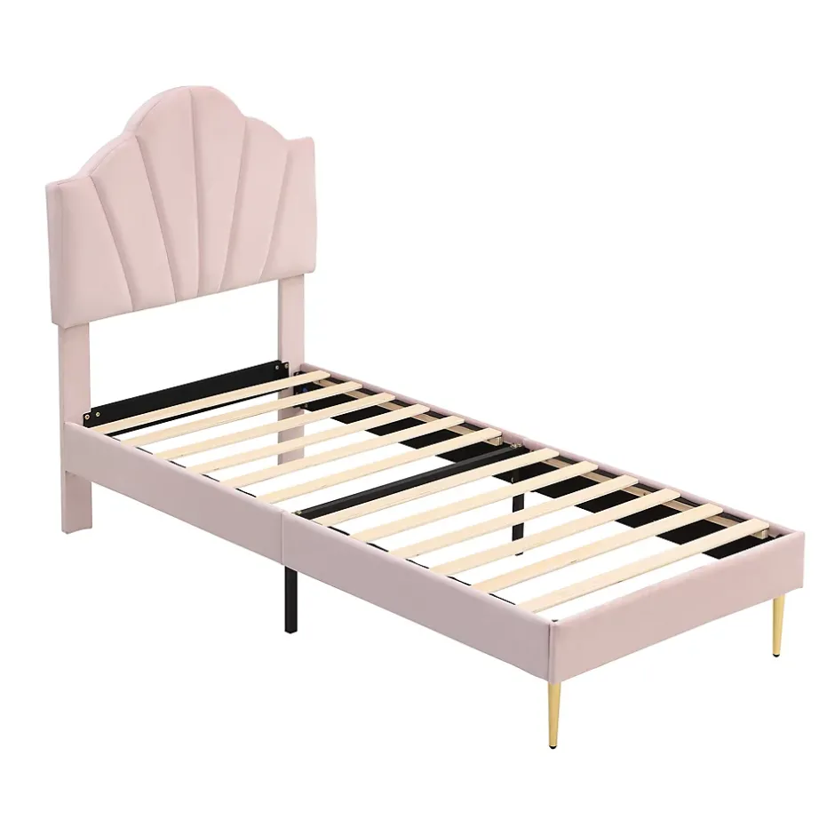 Okwish Lit simple 90x200 cm, Lit Capitonné avec Tête de Lit Coquillage Réglable et Pieds Dorés - Rose, Sans Matelas Online