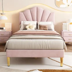 Okwish Lit simple 90x200 cm, Lit Capitonné avec Tête de Lit Coquillage Réglable et Pieds Dorés - Rose, Sans Matelas Online