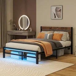 Okwish Lit Simple 120x200 cm, Lit Métal Ado Vintage avec LED et USB, Sans Matelas, MDF et Métal, Noir/Brun