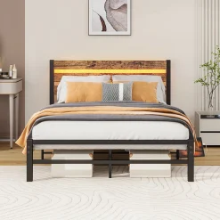 Okwish Lit Simple 120x200 cm, Lit Métal Ado Vintage avec LED et USB, Sans Matelas, MDF et Métal, Noir/Brun