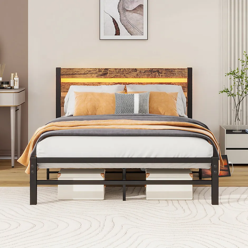 Okwish Lit Simple 120x200 cm, Lit Métal Ado Vintage avec LED et USB, Sans Matelas, MDF et Métal, Noir/Brun
