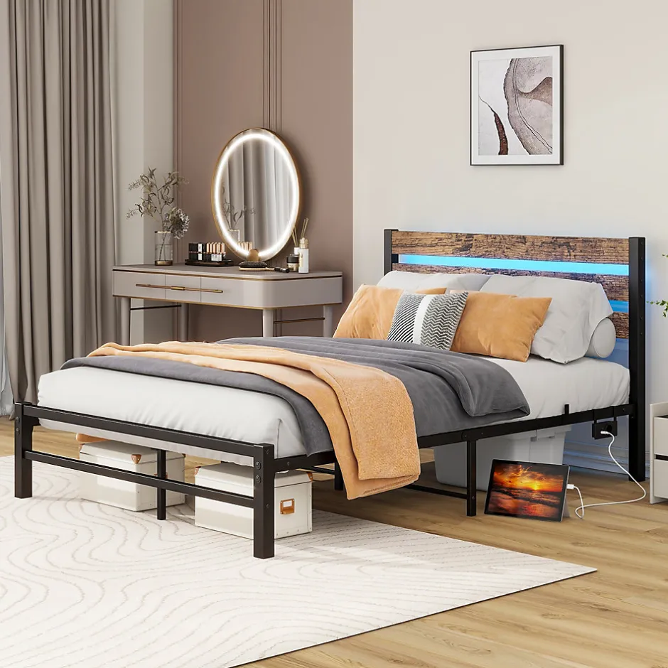 Okwish Lit Simple 120x200 cm, Lit Métal Ado Vintage avec LED et USB, Sans Matelas, MDF et Métal, Noir/Brun