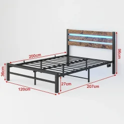 Okwish Lit Simple 120x200 cm, Lit Métal Ado Vintage avec LED et USB, Sans Matelas, MDF et Métal, Noir/Brun