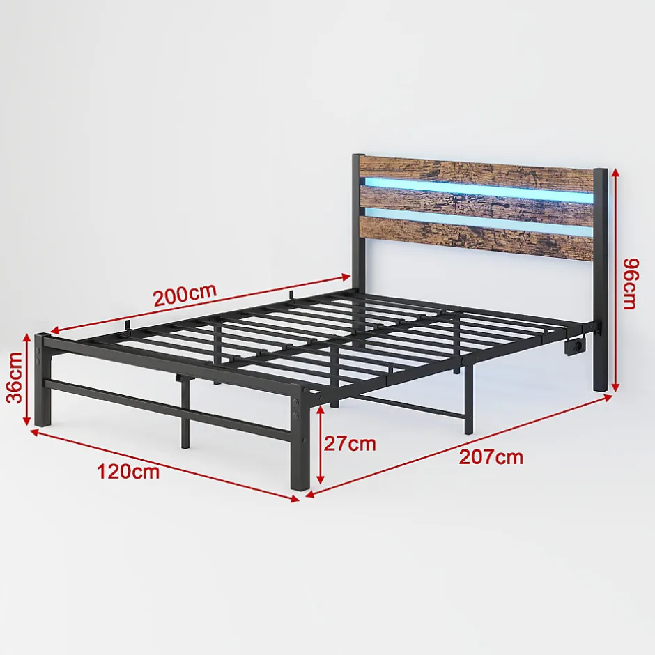Okwish Lit Simple 120x200 cm, Lit Métal Ado Vintage avec LED et USB, Sans Matelas, MDF et Métal, Noir/Brun