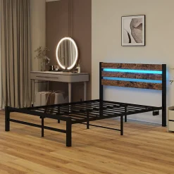 Okwish Lit Simple 120x200 cm, Lit Métal Ado Vintage avec LED et USB, Sans Matelas, MDF et Métal, Noir/Brun