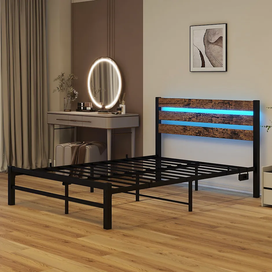 Okwish Lit Simple 120x200 cm, Lit Métal Ado Vintage avec LED et USB, Sans Matelas, MDF et Métal, Noir/Brun