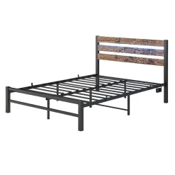 Okwish Lit Simple 120x200 cm, Lit Métal Ado Vintage avec LED et USB, Sans Matelas, MDF et Métal, Noir/Brun