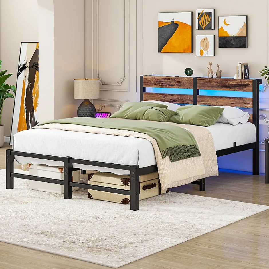 Okwish Lit Simple 120x200 cm, Lit Métal Ado avec Éclairage LED et Prises USB, Rangement dessous, Sans Matelas, Métal et Bois, Noir, Brun