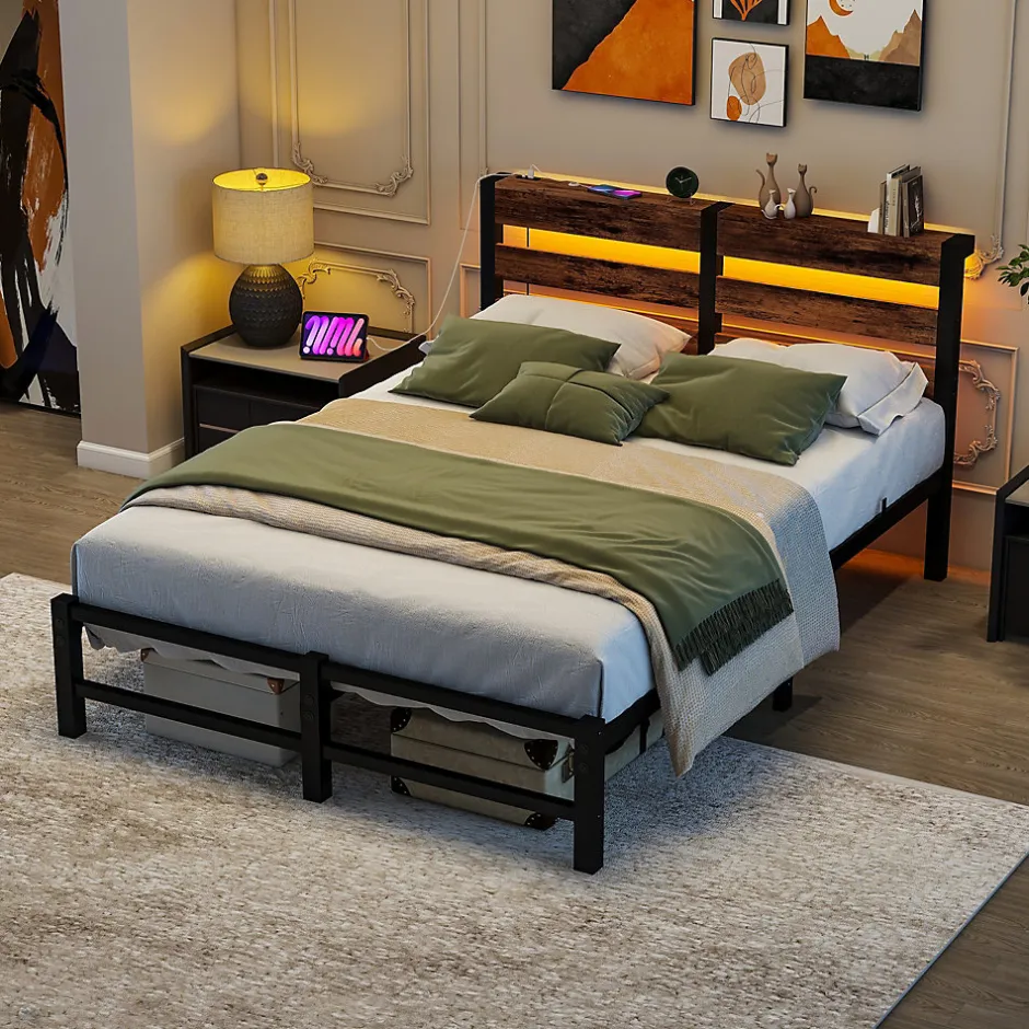 Okwish Lit Simple 120x200 cm, Lit Métal Ado avec Éclairage LED et Prises USB, Rangement dessous, Sans Matelas, Métal et Bois, Noir, Brun