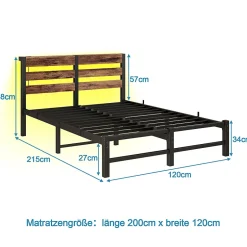 Okwish Lit Simple 120x200 cm, Lit Métal Ado avec Éclairage LED et Prises USB, Rangement dessous, Sans Matelas, Métal et Bois, Noir, Brun