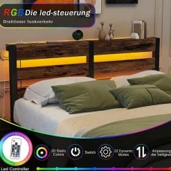 Okwish Lit Simple 120x200 cm, Lit Métal Ado avec Éclairage LED et Prises USB, Rangement dessous, Sans Matelas, Métal et Bois, Noir, Brun