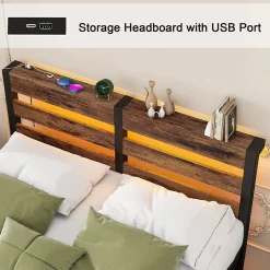 Okwish Lit Simple 120x200 cm, Lit Métal Ado avec Éclairage LED et Prises USB, Rangement dessous, Sans Matelas, Métal et Bois, Noir, Brun