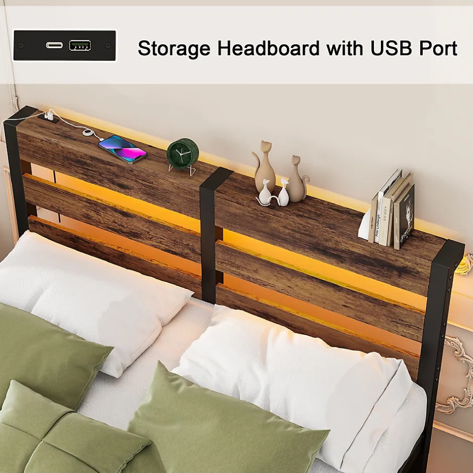Okwish Lit Simple 120x200 cm, Lit Métal Ado avec Éclairage LED et Prises USB, Rangement dessous, Sans Matelas, Métal et Bois, Noir, Brun
