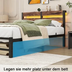 Okwish Lit Simple 120x200 cm, Lit Métal Ado avec Éclairage LED et Prises USB, Rangement dessous, Sans Matelas, Métal et Bois, Noir, Brun