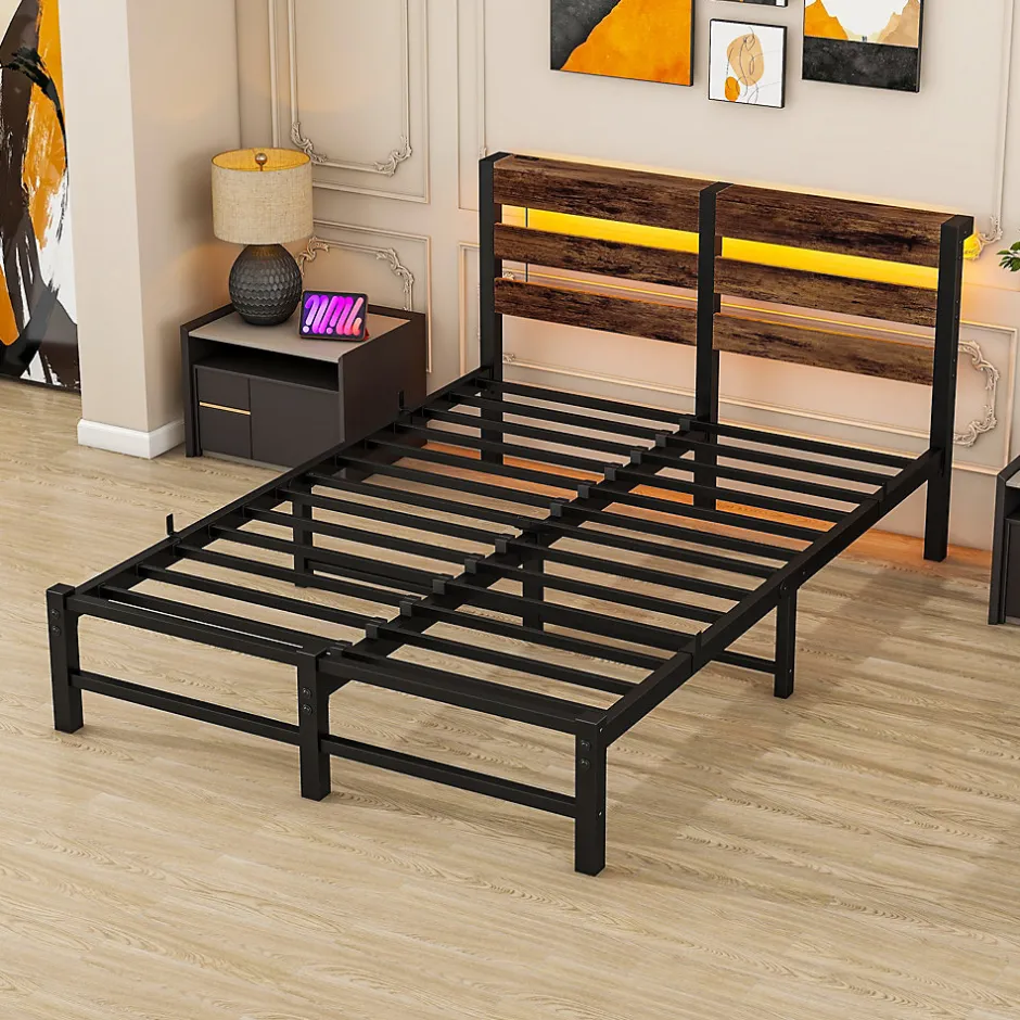 Okwish Lit Simple 120x200 cm, Lit Métal Ado avec Éclairage LED et Prises USB, Rangement dessous, Sans Matelas, Métal et Bois, Noir, Brun