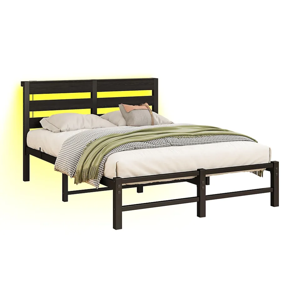 Okwish Lit Simple 120x200 cm, Lit Métal Ado avec Éclairage LED et Prises USB, Rangement dessous, Sans Matelas, Métal et Bois, Noir