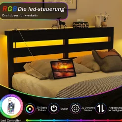 Okwish Lit Simple 120x200 cm, Lit Métal Ado avec Éclairage LED et Prises USB, Rangement dessous, Sans Matelas, Métal et Bois, Noir