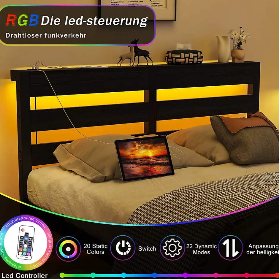 Okwish Lit Simple 120x200 cm, Lit Métal Ado avec Éclairage LED et Prises USB, Rangement dessous, Sans Matelas, Métal et Bois, Noir