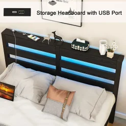 Okwish Lit Simple 120x200 cm, Lit Métal Ado avec Éclairage LED et Prises USB, Rangement dessous, Sans Matelas, Métal et Bois, Noir