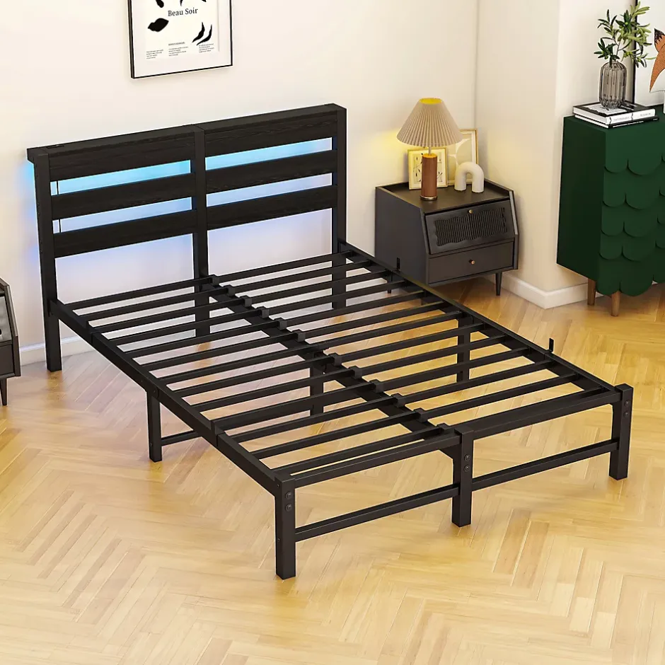 Okwish Lit Simple 120x200 cm, Lit Métal Ado avec Éclairage LED et Prises USB, Rangement dessous, Sans Matelas, Métal et Bois, Noir