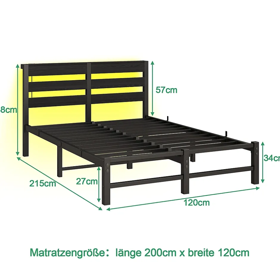 Okwish Lit Simple 120x200 cm, Lit Métal Ado avec Éclairage LED et Prises USB, Rangement dessous, Sans Matelas, Métal et Bois, Noir