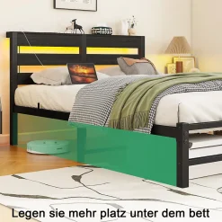 Okwish Lit Simple 120x200 cm, Lit Métal Ado avec Éclairage LED et Prises USB, Rangement dessous, Sans Matelas, Métal et Bois, Noir