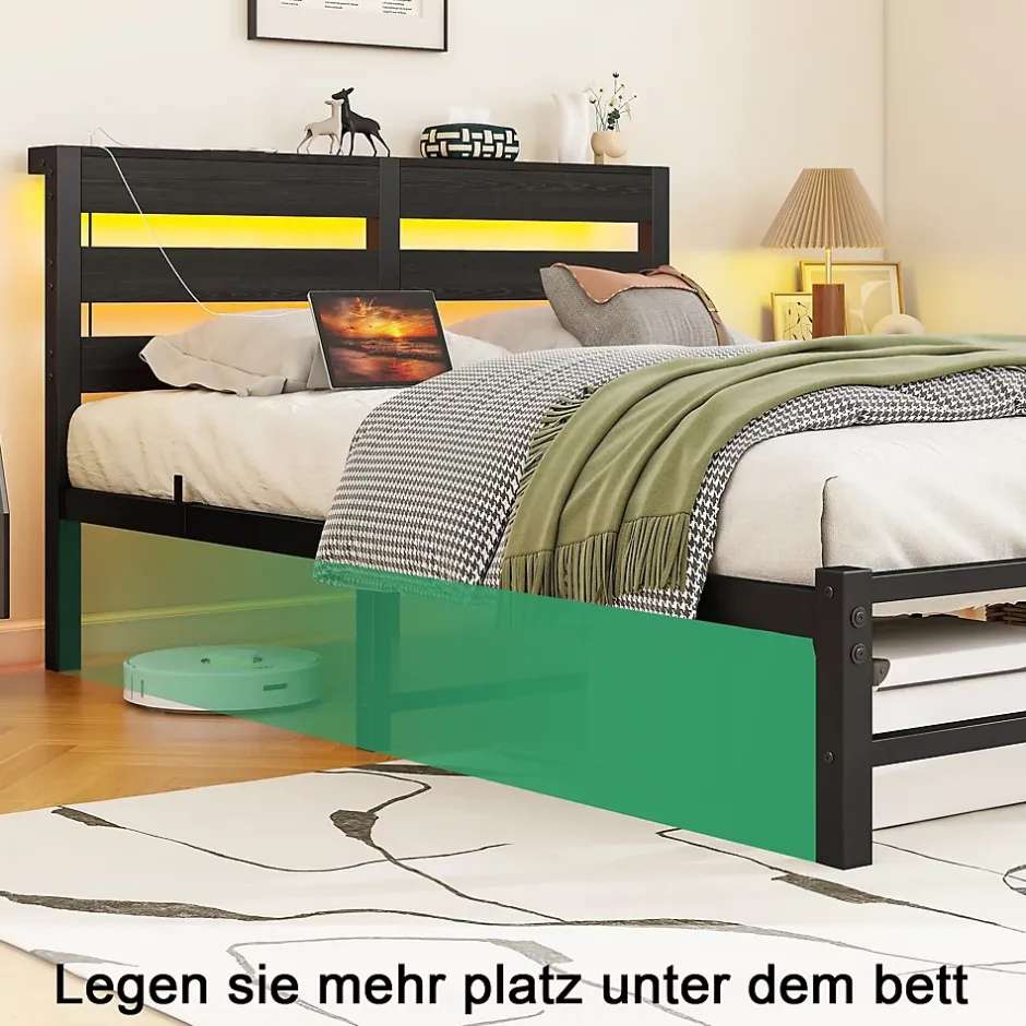 Okwish Lit Simple 120x200 cm, Lit Métal Ado avec Éclairage LED et Prises USB, Rangement dessous, Sans Matelas, Métal et Bois, Noir