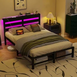 Okwish Lit Simple 120x200 cm, Lit Métal Ado avec Éclairage LED et Prises USB, Rangement dessous, Sans Matelas, Métal et Bois, Noir