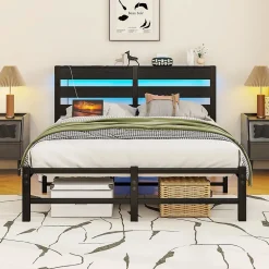 Okwish Lit Simple 120x200 cm, Lit Métal Ado avec Éclairage LED et Prises USB, Rangement dessous, Sans Matelas, Métal et Bois, Noir
