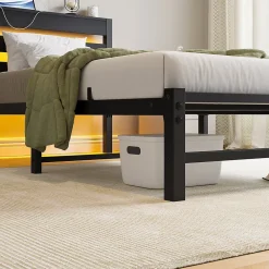 Okwish Lit Simple 90x200 cm, Lit Métal Ado avec Éclairage LED et Prises USB, Rangement dessous, Sans Matelas, Métal et Bois, Noir Clearance