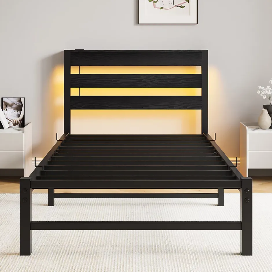 Okwish Lit Simple 90x200 cm, Lit Métal Ado avec Éclairage LED et Prises USB, Rangement dessous, Sans Matelas, Métal et Bois, Noir Clearance