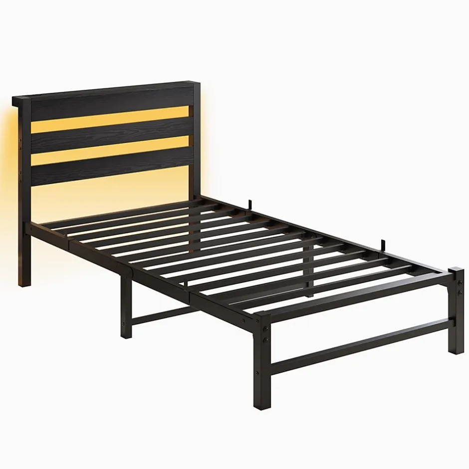 Okwish Lit Simple 90x200 cm, Lit Métal Ado avec Éclairage LED et Prises USB, Rangement dessous, Sans Matelas, Métal et Bois, Noir Clearance