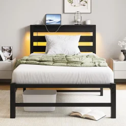 Okwish Lit Simple 90x200 cm, Lit Métal Ado avec Éclairage LED et Prises USB, Rangement dessous, Sans Matelas, Métal et Bois, Noir Clearance