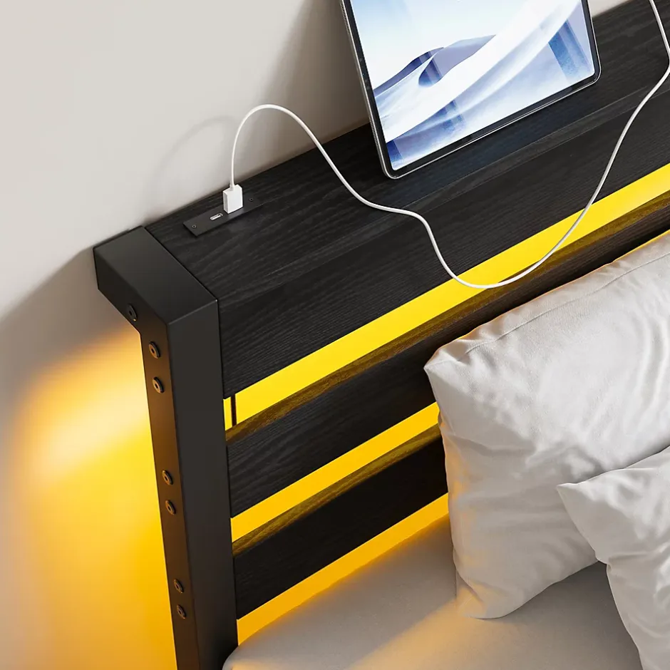 Okwish Lit Simple 90x200 cm, Lit Métal Ado avec Éclairage LED et Prises USB, Rangement dessous, Sans Matelas, Métal et Bois, Noir Clearance