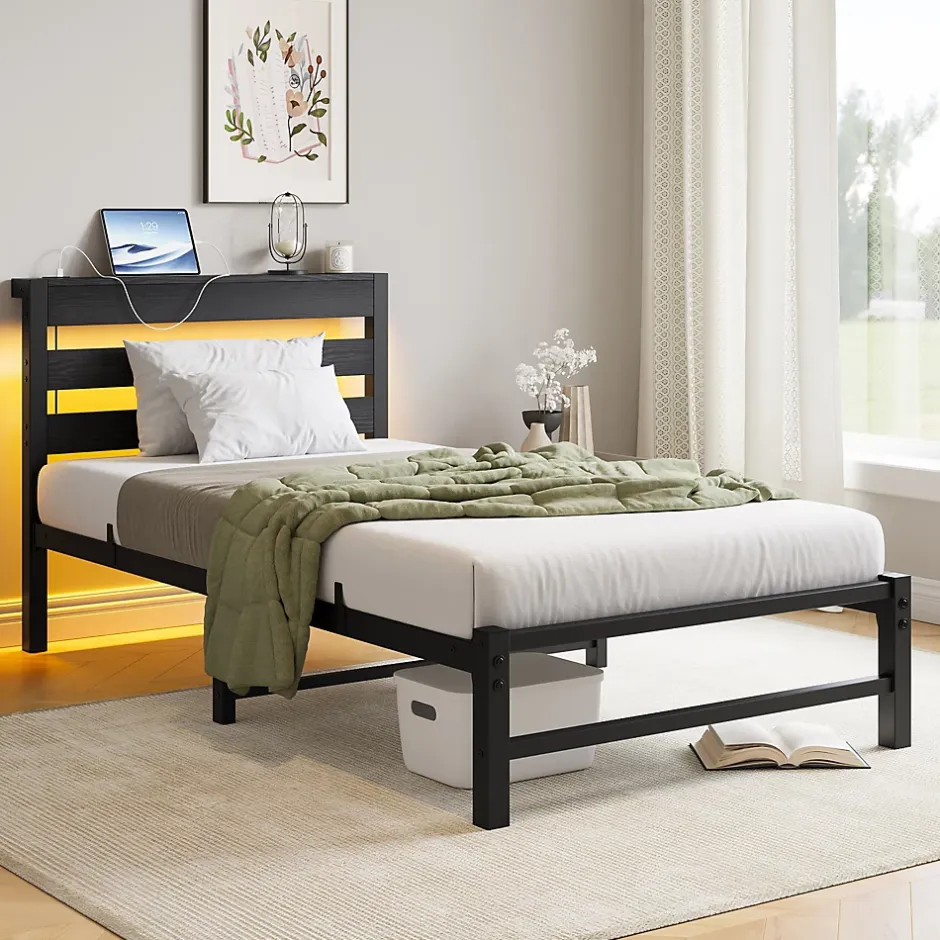 Okwish Lit Simple 90x200 cm, Lit Métal Ado avec Éclairage LED et Prises USB, Rangement dessous, Sans Matelas, Métal et Bois, Noir Clearance