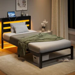 Okwish Lit Simple 90x200 cm, Lit Métal Ado avec Éclairage LED et Prises USB, Rangement dessous, Sans Matelas, Métal et Bois, Noir Clearance