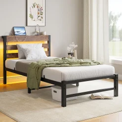 Okwish Lit Simple 90x200 cm, Lit Métal Ado avec Éclairage LED et Prises USB, Rangement dessous, Sans Matelas, Métal et Bois, Noir, Brun