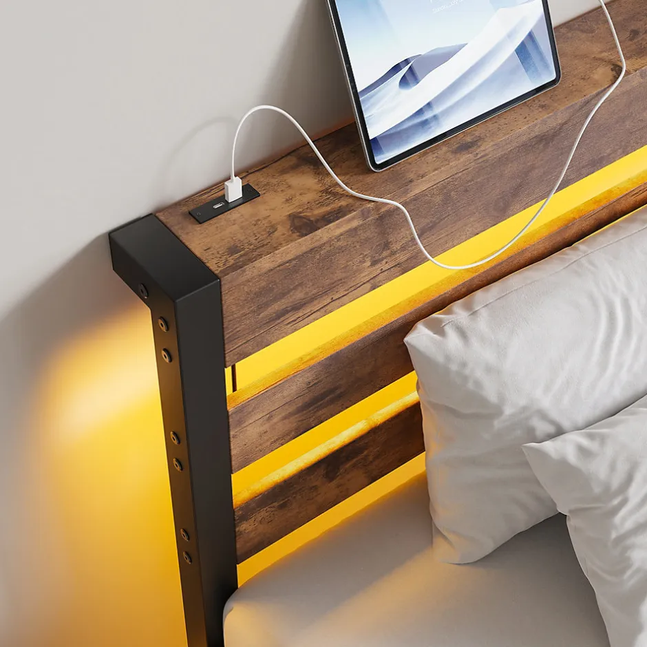 Okwish Lit Simple 90x200 cm, Lit Métal Ado avec Éclairage LED et Prises USB, Rangement dessous, Sans Matelas, Métal et Bois, Noir, Brun